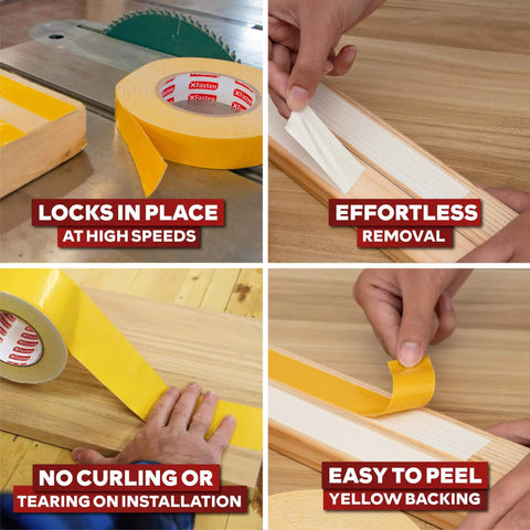 Double Sided Woodworking Tape 1 Inch Wide, 324 Feet Three Pack, Heavy Duty No Residue Glue Tape for Router Templates and Woodworking Tools, Wood Safe, showing use and features.