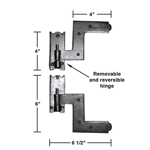 Heavy-Duty Black Wrought Iron Shutter Hinges with lift-off pintles, 6.5 inch, reversible, on white background showing measurements.
