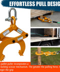 Heavy Duty Pallet Puller Clamp For Forklift Chains With 6 Inch Jaw Opening And 2204 Lbs Capacity The Rugged Boss For Tree Stump And Brush Pulling With Self Locking Scissor Mechanism Industrial Grade, shown in use with a pallet and tree stump