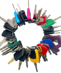 Heavy Equipment Keys Master Set With 50 Ignition Keys for Construction Machines arranged in a circle, various brands and colors visible