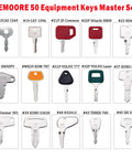 50 Piece Heavy Equipment Keys Master Set For Construction Ignition Keys displayed with key labels for various machinery brands.