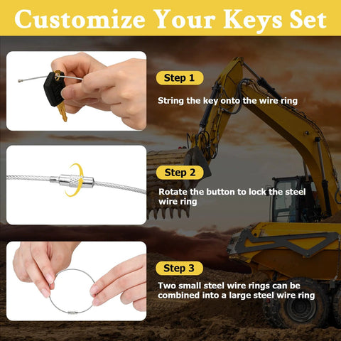 Steps to customize heavy equipment keys with ignition keys and wire rings, shown with an excavator in the background.