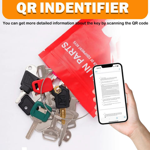 Heavy Equipment Keys Master Set With 50 Ignition Keys For Construction Machines next to QR code manual on smartphone