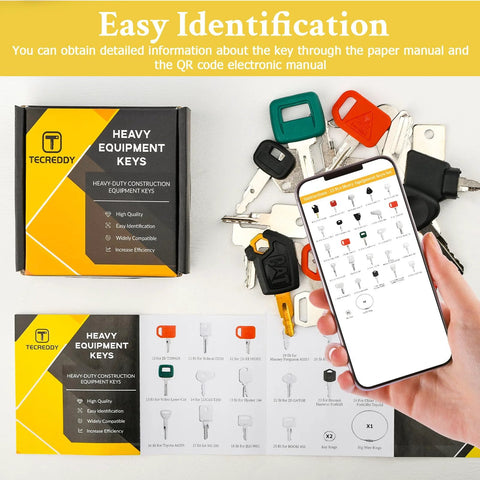 Bulk 25 Piece Heavy Equipment Master Key Set with smartphone and manual displaying key details.