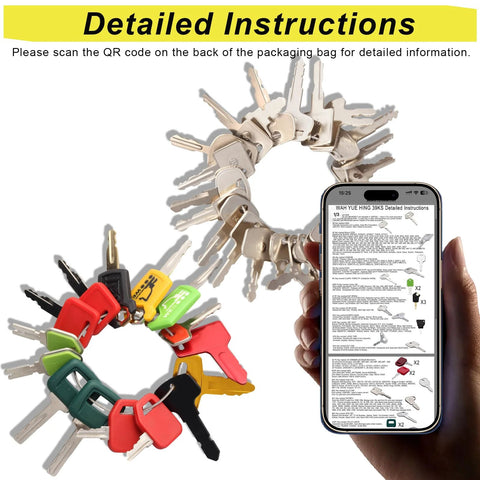 39 Piece Heavy Equipment Keys Master Set with QR code and smartphone for Excavators Dozers Skid Steers Backhoes Forklifts And More