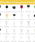 105 Pieces No Duplicate Heavy Equipment Keys Master Set for Construction Machinery, visible key variety for excavators, tractors.