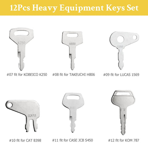 Set of 12 ignition keys for heavy equipment including excavators, loaders, and tractors, compatible with Cat, Komatsu, and more brands.