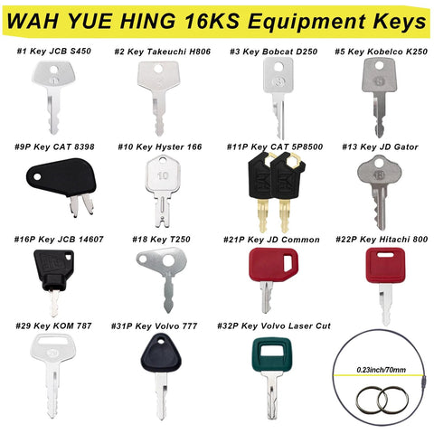 16 Piece Heavy Equipment Master Keys Set For Excavators Dozers Skid Steers Forklifts And Rollers Universal Compatibility With Cat John Deere JCB Kubota Hyster Hitachi Volvo Komatsu JLG Takeuchi And More Durable Key Kit For Contractors