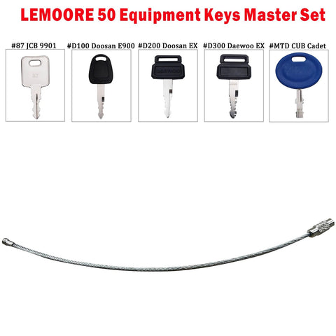 Close-up of LEMOORE 50 Piece Heavy Equipment Keys Master Set For Construction Ignition Keys Cat Caterpillar John Deere Case