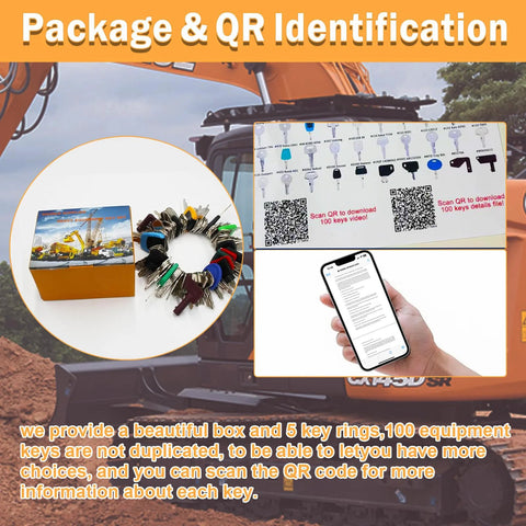 100 NonRepeating Full Range Master Equipment Key Set With 5 Keyrings and QR code identification for heavy construction machinery