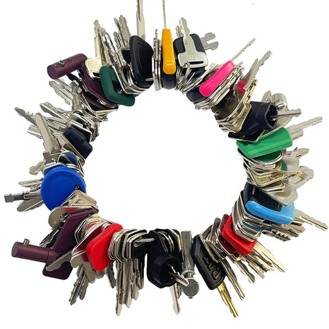 100 NonRepeating Full Range Master Equipment Key Set With 5 Keyrings for heavy machinery, showing multiple color-coded keys.