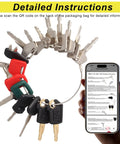 16 Piece Heavy Equipment Master Keys Set For Excavators Dozers Skid Steers Forklifts And Rollers Universal Compatibility With Cat John Deere JCB Kubota Hyster Hitachi Volvo Komatsu JLG Takeuchi And More Durable Key Kit For Contractors on wire ring with smartphone displaying instructions.