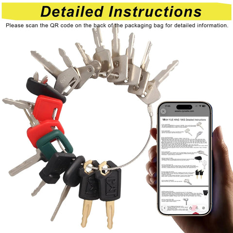 16 Piece Heavy Equipment Master Keys Set For Excavators Dozers Skid Steers Forklifts And Rollers Universal Compatibility With Cat John Deere JCB Kubota Hyster Hitachi Volvo Komatsu JLG Takeuchi And More Durable Key Kit For Contractors on wire ring with smartphone displaying instructions.