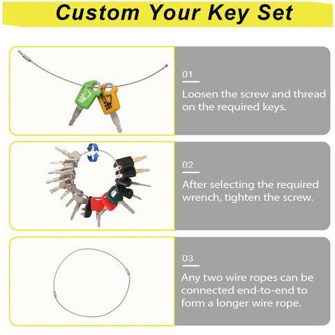 16 Piece Heavy Equipment Master Keys Set for Excavators Dozers Skid Steers Forklifts and Rollers Universal Compatibility with Cat John Deere JCB Kubota Hyster Hitachi Volvo Komatsu JLG Takeuchi and More Durable Key Kit for Contractors shown with key configuration guide.