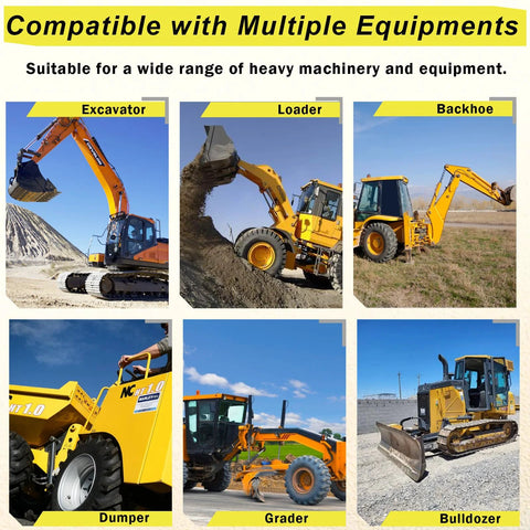 Excavators, loaders, backhoes in use, promoting 39 Piece Heavy Equipment Keys Master Set For Excavators Dozers Skid Steers Backhoes Forklifts And More Compatible With Cat Caterpillar John Deere Kubota Komatsu JCB Hitachi Bobcat Hyster Ford Toyota Yanmar Case Holland Takeuchi And Other Major Brands