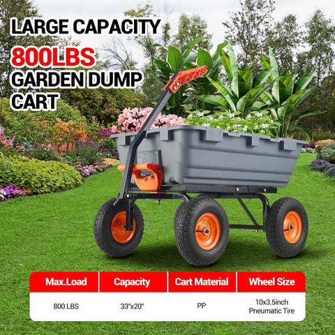 Heavy Duty Garden Dump Cart For Outdoors 800 Lb Capacity With Quick Release Dump And 10 Inch Flat Free All Terrain Wheels Utility Wagon For Soil Mulch Plants And Tools Grey