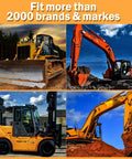 Heavy construction machinery including a bulldozer, excavator, forklift, and loader in action. 100 NonRepeating Full Range Master Equipment Key Set With 5 Keyrings For Heavy Construction Machinery Including Excavators Dozers Loaders Generators And More Compatible With CAT Kubota John Deere JCB Yanmar Takeuchi Komatsu Volvo Toyota And More. Text: 'Fit more than 2000 brands & marks'