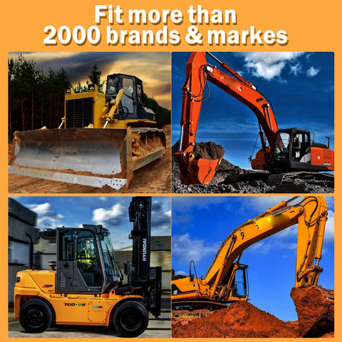 Heavy construction machinery including a bulldozer, excavator, forklift, and loader in action. 100 NonRepeating Full Range Master Equipment Key Set With 5 Keyrings For Heavy Construction Machinery Including Excavators Dozers Loaders Generators And More Compatible With CAT Kubota John Deere JCB Yanmar Takeuchi Komatsu Volvo Toyota And More. Text: 'Fit more than 2000 brands & marks'