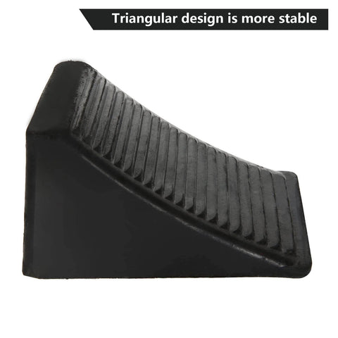 Heavy Duty Rubber Wheel Chocks 4 Pack For Trailers And RVs Ideal For Cars Travel Trailers Trucks And ATVs 6.3 X 4 X 4 Inches UV And Oil Resistant All Weather Black Chocks By CertBuy side view showing triangular design