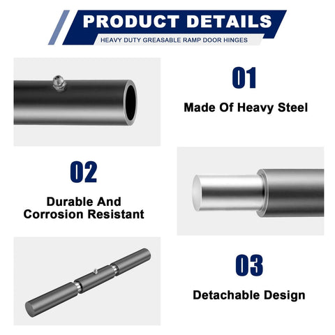 Product details of 4 Pack Weld On Trailer Ramp Hinge 10 Inch Heavy Duty Weldable Steel, highlighting greasable, durable, detachable design.