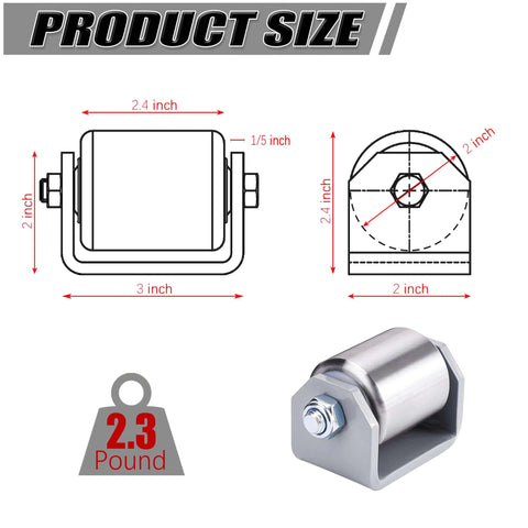 Diagram and image of 2.4" Heavy Duty Steel Weld-On Trailer Rollers (4-Pack) with measurements shown.