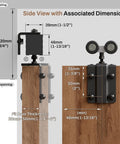 Side view of Heavy Duty Box Rail Sliding Barn Door Hardware Kit with aluminum alloy box rail track and dimensions shown.
