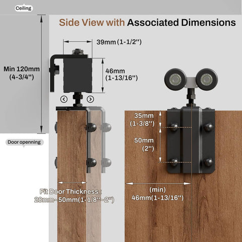 Side view of Heavy Duty Box Rail Sliding Barn Door Hardware Kit with aluminum alloy box rail track and dimensions shown.