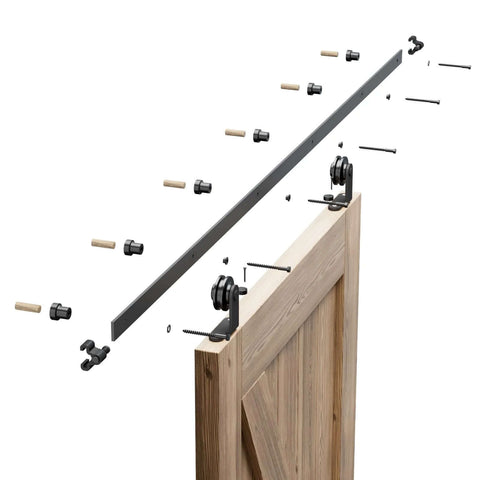 6.6Ft Sliding Track Barn Door Hardware Kit For Single Wood Door Heavy Duty T Shaped Style Black Space Saving Interior Door System For Home DIY Ideal For Kitchen Bedroom Club Pub Decor And Multi Room Opening, showing metal track and door components.