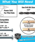 Components needed for Heavy Duty SnapToggle Anchor for Hollow Walls and Drywall installation, including power drill and bolt sizes