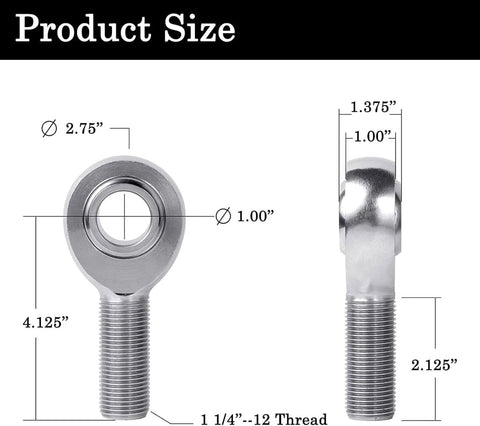 1 1/4 Heim Joints Rod End Kit with Right and Left Hand Threads, 1.25 Chromoly Joints dimensions diagram