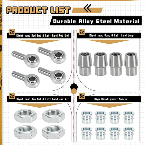 3/4 Heim Joints Rod End Kit with Right & Left Hand Threads, 750 Bore Chromoly Panhard Setup, showing rod ends, jams, bungs, and spacers