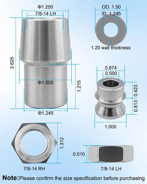 Diagram of 7/8 x 7/8-14 Heim Joint Rod End Kit with Right and Left Hand Threads showing dimensions and Chromoly material details
