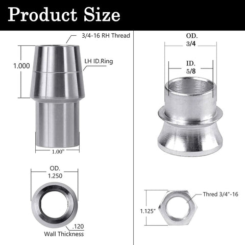 Dimensions of 3/4 Heim Joints Rod End Kit with Right and Left Hand Threads, featuring tube adapters and jam nuts for steering/suspension