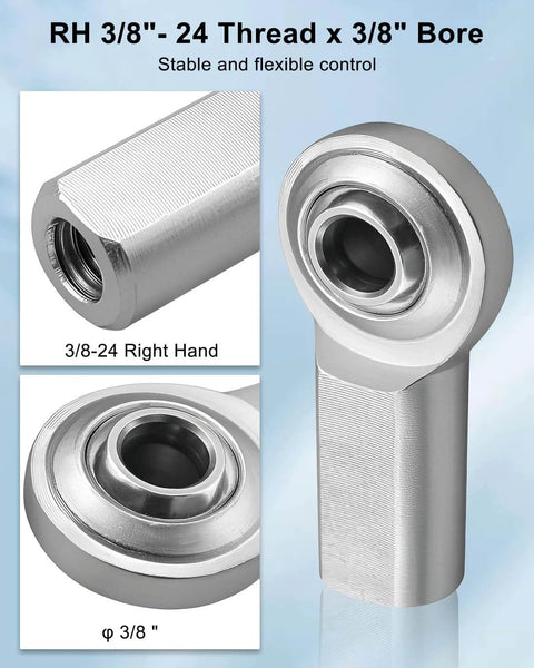 CF6 rod end bearing heim joint kit, 3/8 inch bore with 3/8-24 right hand female thread, shown in stainless steel close-up