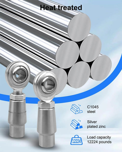 Heat treated chromoly steel rods with 1/2-20 Heim joint rod end kit, economy versions showing tube adapters and jam nuts.