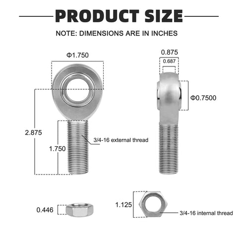 Dimensions of 3/4 Heim Joint Rod End Kit with Left and Right Hand Threads, .750 Chromoly Panhard Joints Set, heavy duty