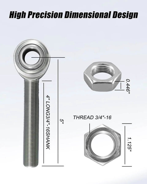 Right hand 3/4 inch Heim joint rod end with jam nut, 3/4 inch bore and 4 inch length, heat treated carbon steel with zinc finish