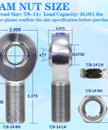 Diagram of 7/8-14 Heim Joint Rod End Kit showing measurements and jam nut, chromoly steel, for heavy duty links.