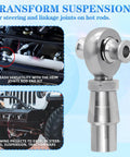 7/8-14 Heim Joint Rod End Kit, chromoly steel, for suspension links and panhard bars, shown with installation examples on vehicles