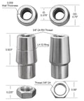 Diagram of 3/8 x 3/8-24 Heim Joints Rod End Kit Economy Set with Right and Left Hand Threads, .058 Tube Bungs, Jam Nut dimensions.
