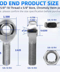 Diagram of 5/8 Heim Joint Rod End Bearing with Jam Nut, dimensions and threading details highlighted on chromoly rod end.