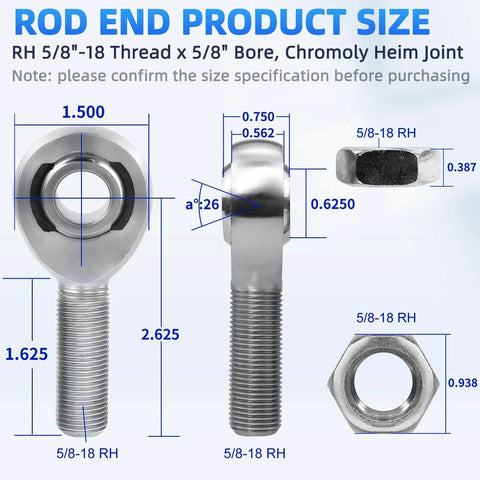 Diagram of 5/8 Heim Joint Rod End Bearing with Jam Nut, dimensions and threading details highlighted on chromoly rod end.