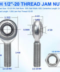 Economy adjustable heim joint rod end kit with right hand 1/2-20 thread and 1/2 inch bore with jam nut, dimensions labeled