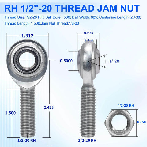 Economy adjustable heim joint rod end kit with right hand 1/2-20 thread and 1/2 inch bore with jam nut, dimensions labeled