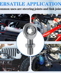 3/4 inch Heim Joint Rod End Bearing with jam nut for steering and linkage, shown in various vehicle applications.