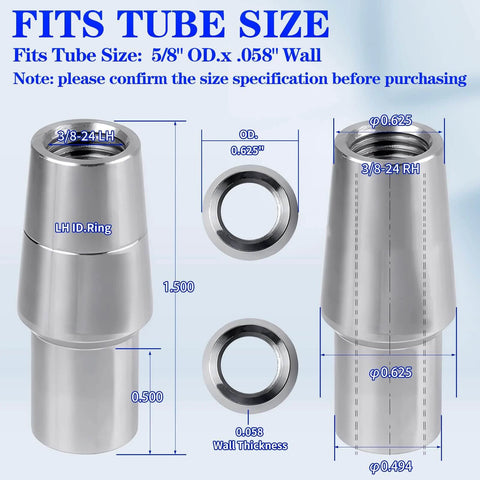 Diagram of 3/8 x 3/8-24 Heim Joint Rod End Kit with RH and LH Threads, illustrating bung and spacer dimensions for .058 wall tube fit.