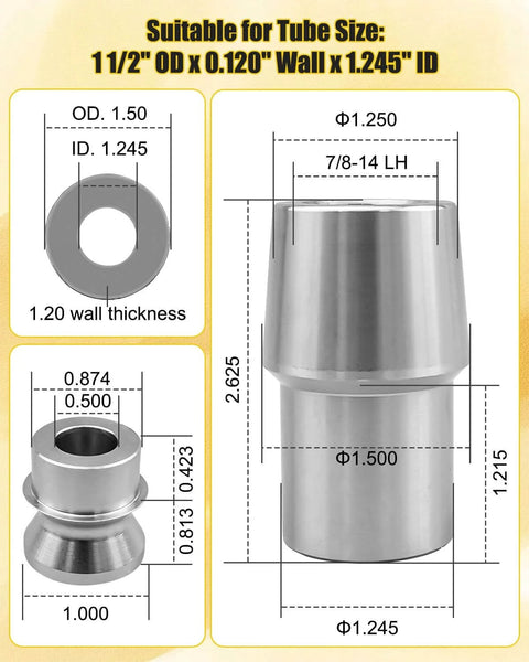 Measurements and details of 7/8 inch Heim joint rod end kit with 7/8-14 left and right hand threads components