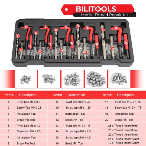 Helicoil Thread Repair Kit 131-Piece HSS Drill Bits Taps And Break Pins For M5 M6 M8 M10 M12 Threads With Metric Inserts