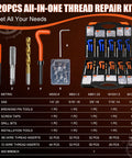 Heavy Duty 320 Piece Helicoil Thread Repair Kit With Metric And SAE Inserts for Automotive Engines and Machinery displayed with tools