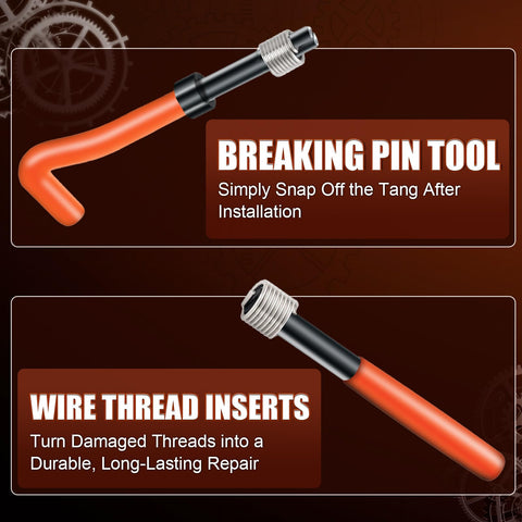 Breaking pin tool and wire thread inserts from Heavy Duty 320 Piece Helicoil Thread Repair Kit With Metric And SAE Inserts For Automotive Engines And Machinery.
